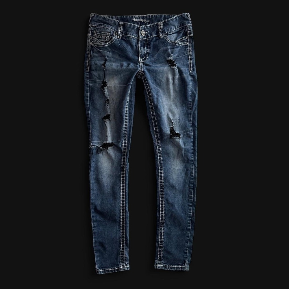 Amethyst Jeans Womens 7 Distressed Skinny Jeans Blue Contrast Stitch Western